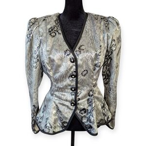 Vintage 80s Silver and Black Women's Jacket Peplum Shoulder Pads